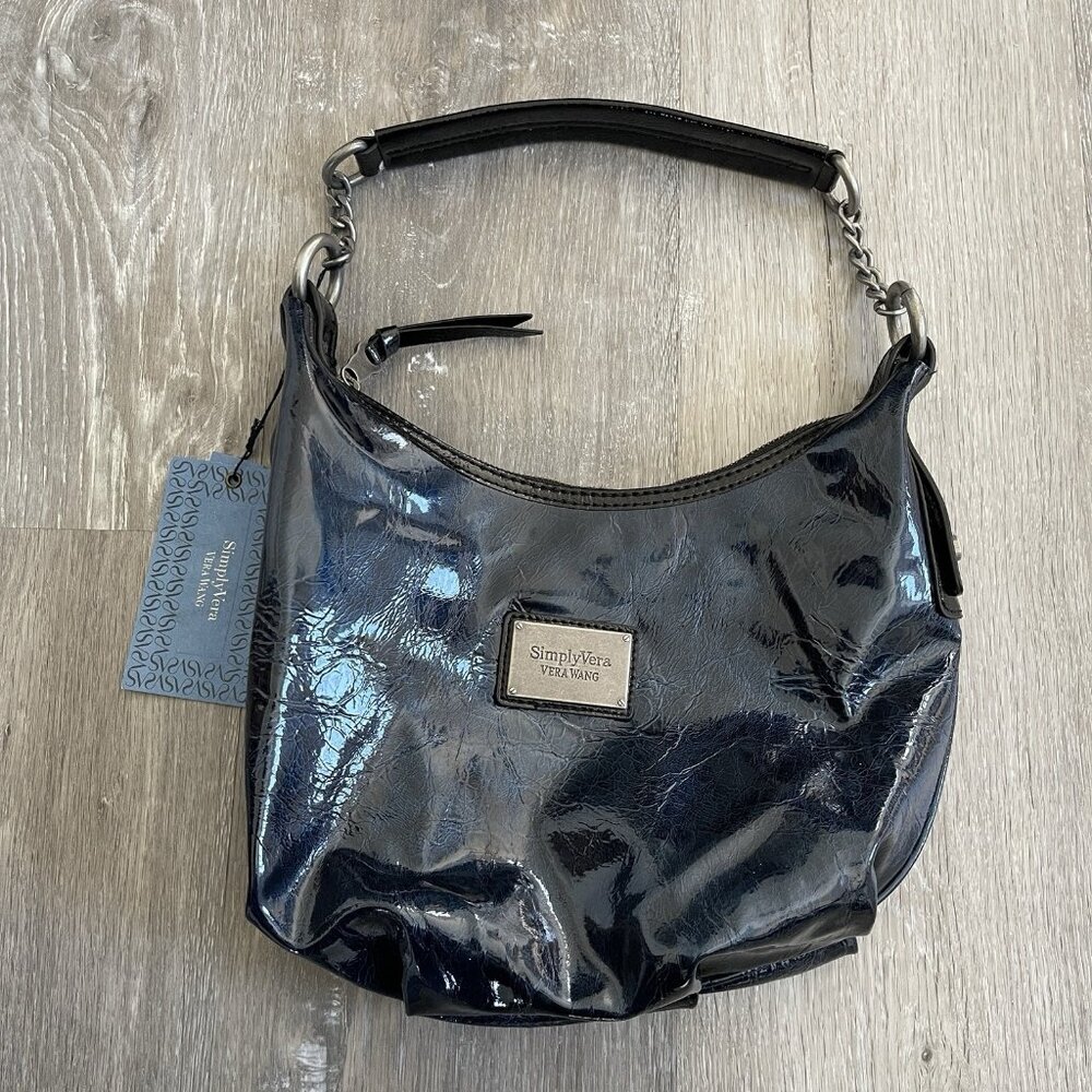 Simply Vera Vera Wang Vintage Blue Shoulder Bag Patent Chain Leather Purse